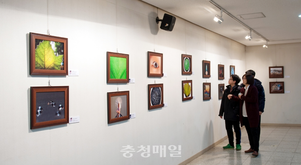 충주시문화회관 관아갤러리에서 열리는 한국교통대 과학문화진흥재단 ‘과학사진전’을 시민이 관람하고 있다.