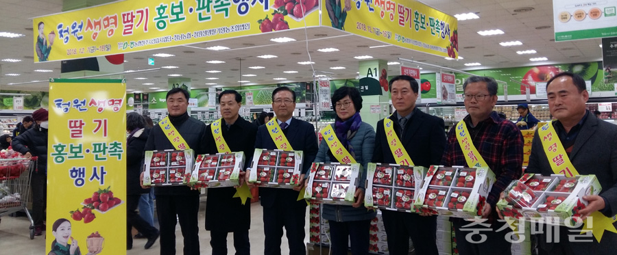 10일 청주시와 청주시연합사업단 관계자들이 용암동 농협충북유통 하나로마트에서 청원생명딸기를 홍보하고 있다.