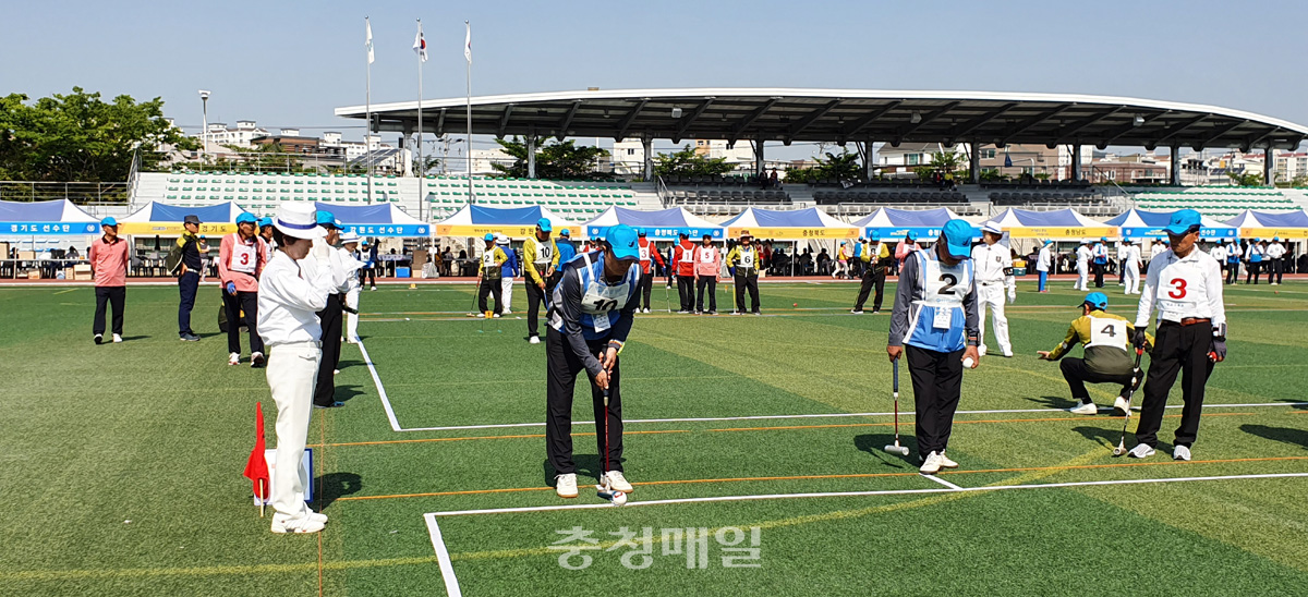 영동군 남성 게이트볼팀이 울산에서 열린 제19회 대통령기 전국노인게이트볼대회에서 경기를 하고 있다.