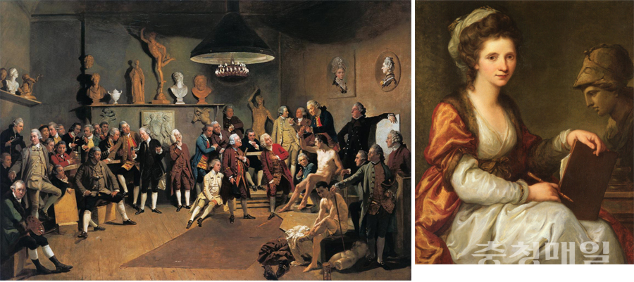 조한 조파니 ‘왕립 아카데미 회원들’, 1771~1772.(오른쪽)안겔리카 카우프만 ‘미네르바 흉상과 함께 있는 자화상’, 1780.(왼쪽)