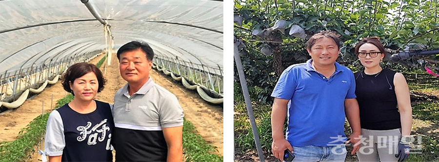 이달의 새 농민상을 수상한 강현천(51)·곽순옥(52)씨 부부(왼쪽)와 염철형(44)·기은경(42)씨 부부.