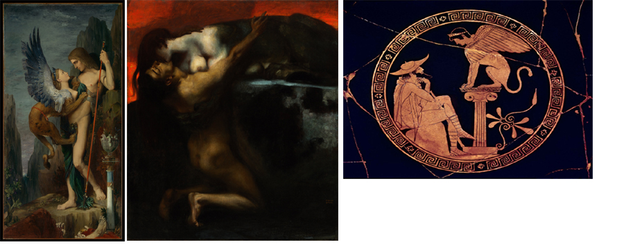 사진 왼쪽부터 귀스타브 모로 ‘오이디푸스와 스핑크스’ 1864. 프란츠 폰 슈툭 ‘스핑크스의 키스’ 1895. 작가미상 ‘오이디푸스와 스핑크스(도기 표면의 그림)’ 기원전 470년경.