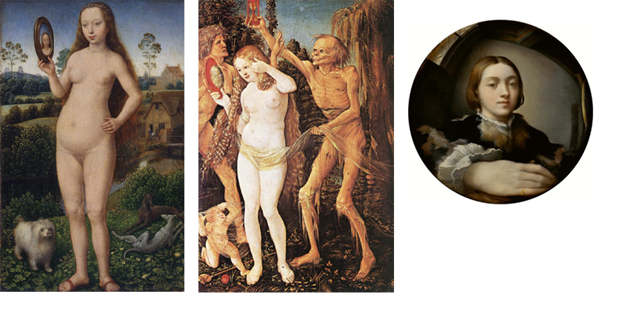 한스 멤링 ‘허영’ 1490년경.한스 발둥 그리엔 ‘세 연령대의 여성들과 죽음’ 1510. 파르미지아니노 ‘볼록거울에 비친 자화상’ 1524년경.(왼쪽부터)