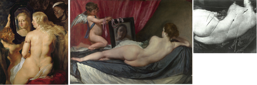 왼쪽부터 페타 파울 루벤스 ‘거울을 보는 비너스’ 1615. 디에고 벨라스케스 ‘로커비의 비너스’ 1647-51. 매리 리처드슨에 의해 훼손된 벨라스케스의 비너스 1914.