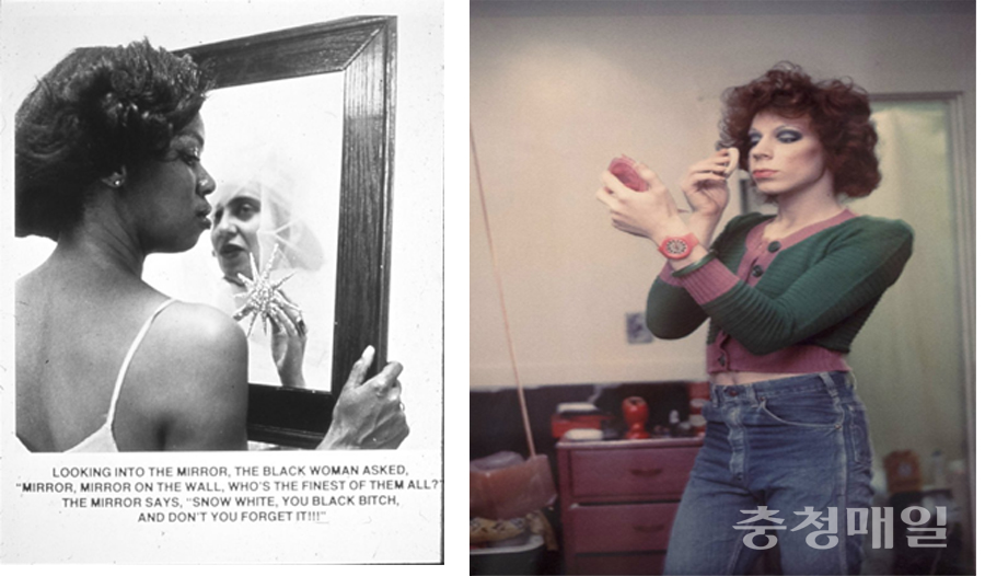 캐리 메이 윔스 ‘거울아 거울아’ 1987(왼쪽). 낸 골딘 ‘메이크업을 하는 케니’ 1973.