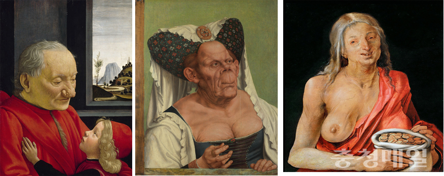 왼쪽부터 도메니코 기를란다이요 ‘노인과 손자’ 1490년경. 쿠엔틴 마시스 ‘늙은 여인’ 1513. 알브레히트 뒤러 ‘탐욕’ 1507.