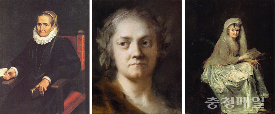 왼쪽부터 소포니스바 안귀솔라 ‘자화상’ 1610. 로살바 카리에라 ‘비극으로서의 자화상’ 1746년경. 안나 도로테아 테르부쉬 ‘자화상’ 1777.