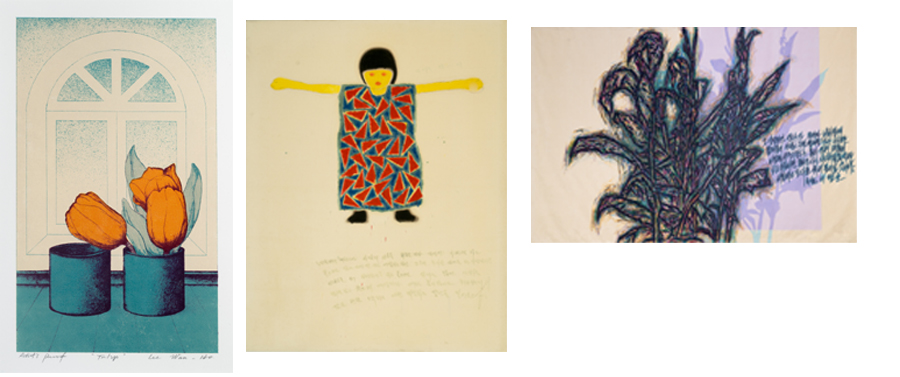 왼쪽부터 튤립, 1980년대 초반, 종이에 석판, 35×21cm, A.P. ‘네살배기 혜선이’, 1985, 캔버스에 유채, 연필, 244×190.5cm. 칸나, 1992, 캔버스에 아크릴릭, 연필, 280×429cm.