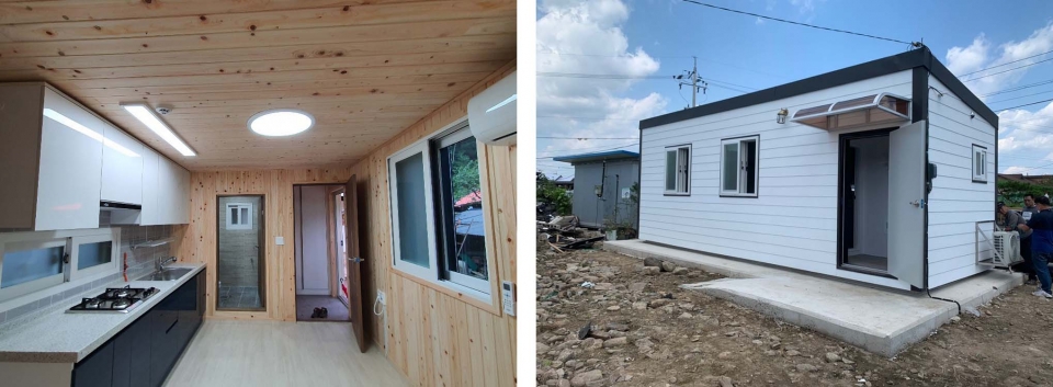 충북 호우피해 이주민 임시주거용 조립주택 내부(왼쪽)·외부 전경.