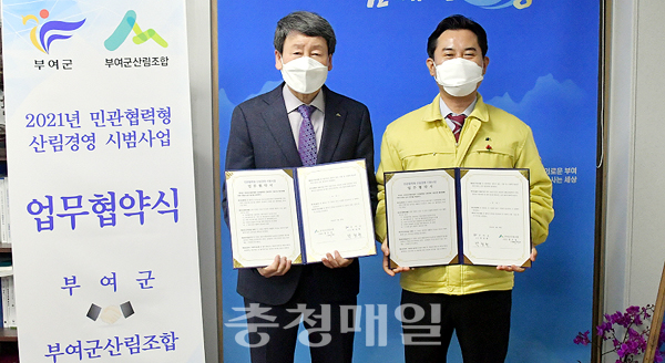 박정현(오른쪽) 부여군수와 정우성 부여군산림조합장이 지난 19일 업무 협약을 맺은 뒤 기념촬영하고 있다.