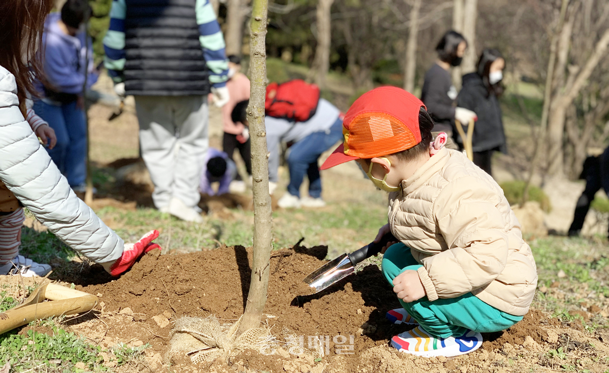 베어트리파크가 식목일을 맞아 나무심기 행사를 진행했다. 행사에 참여한 어린아이가 작은 삽으로 나무를 심고 있다.