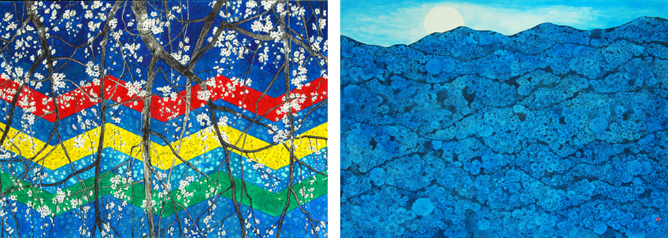 김영선 作 ‘Flower Creek 1, 花溪 1, 화강 1’, 116.8×91cm, Ink Color on Canvas, 2021.(왼쪽), ‘Flower Mountain 1, 花山 1, 화산 1’, 162×130cm, Ink Color on Canvas, 2022.