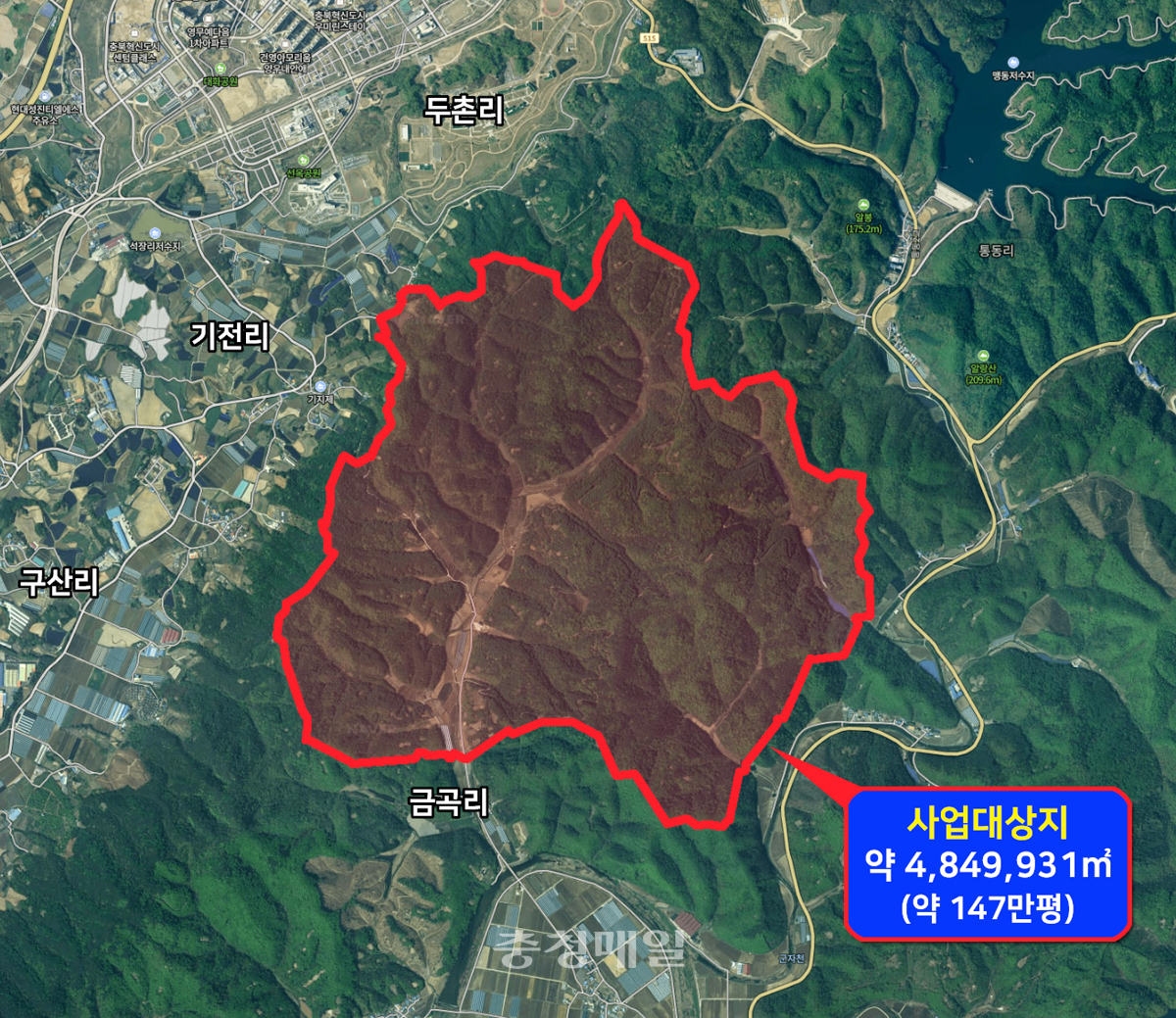 충북 진천 초평 금곡지구 복합관광단지 조성 예정 지역.
